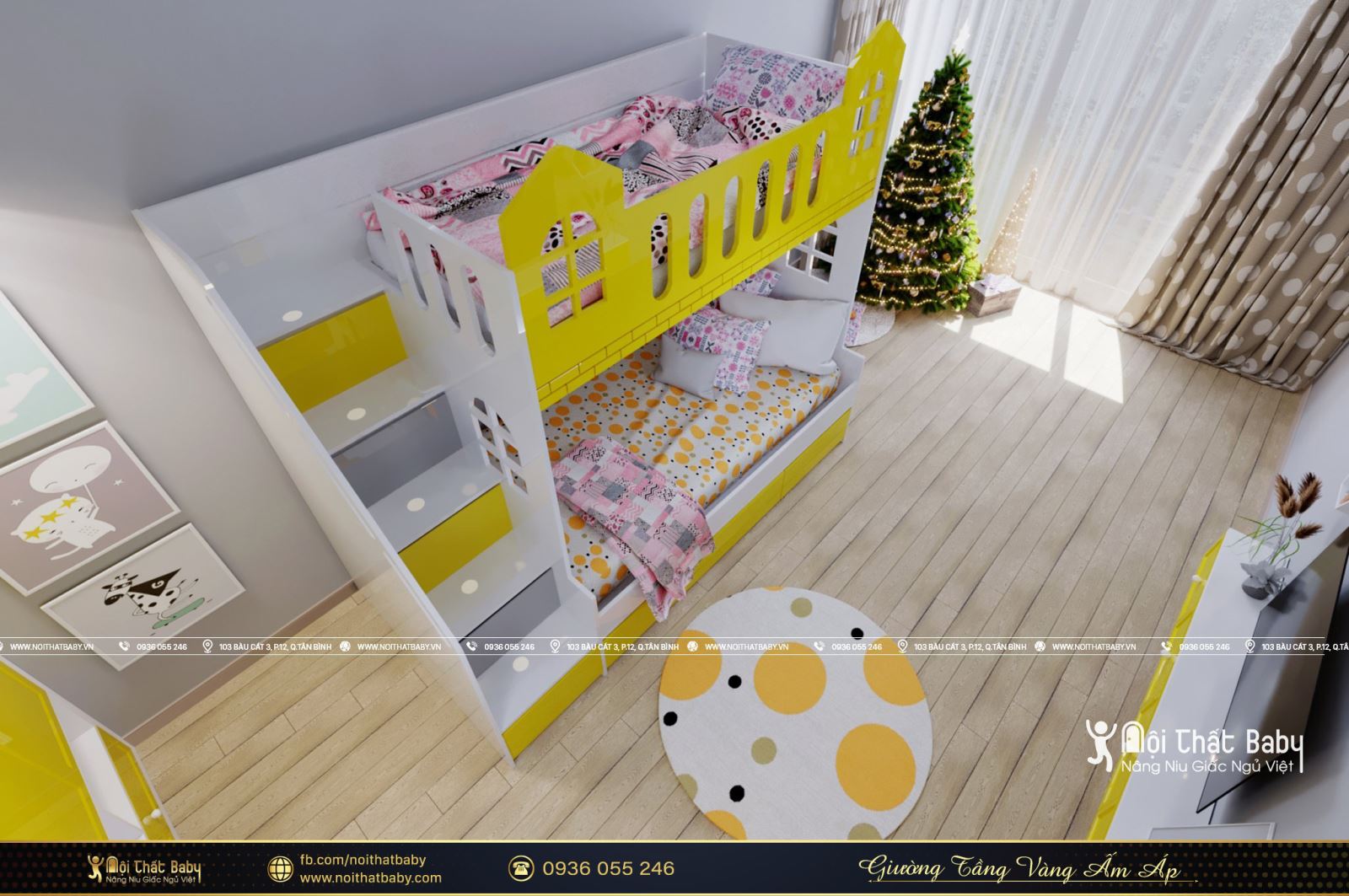 Thiết kế giường tầng màu vàng ấm áp dành cho bé